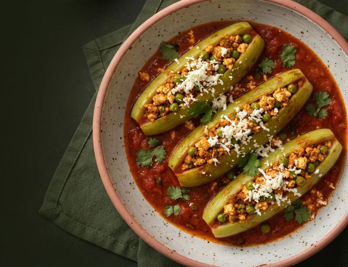Stuffed Lauki Boats with Paneer & Peas in Tomato Gravy