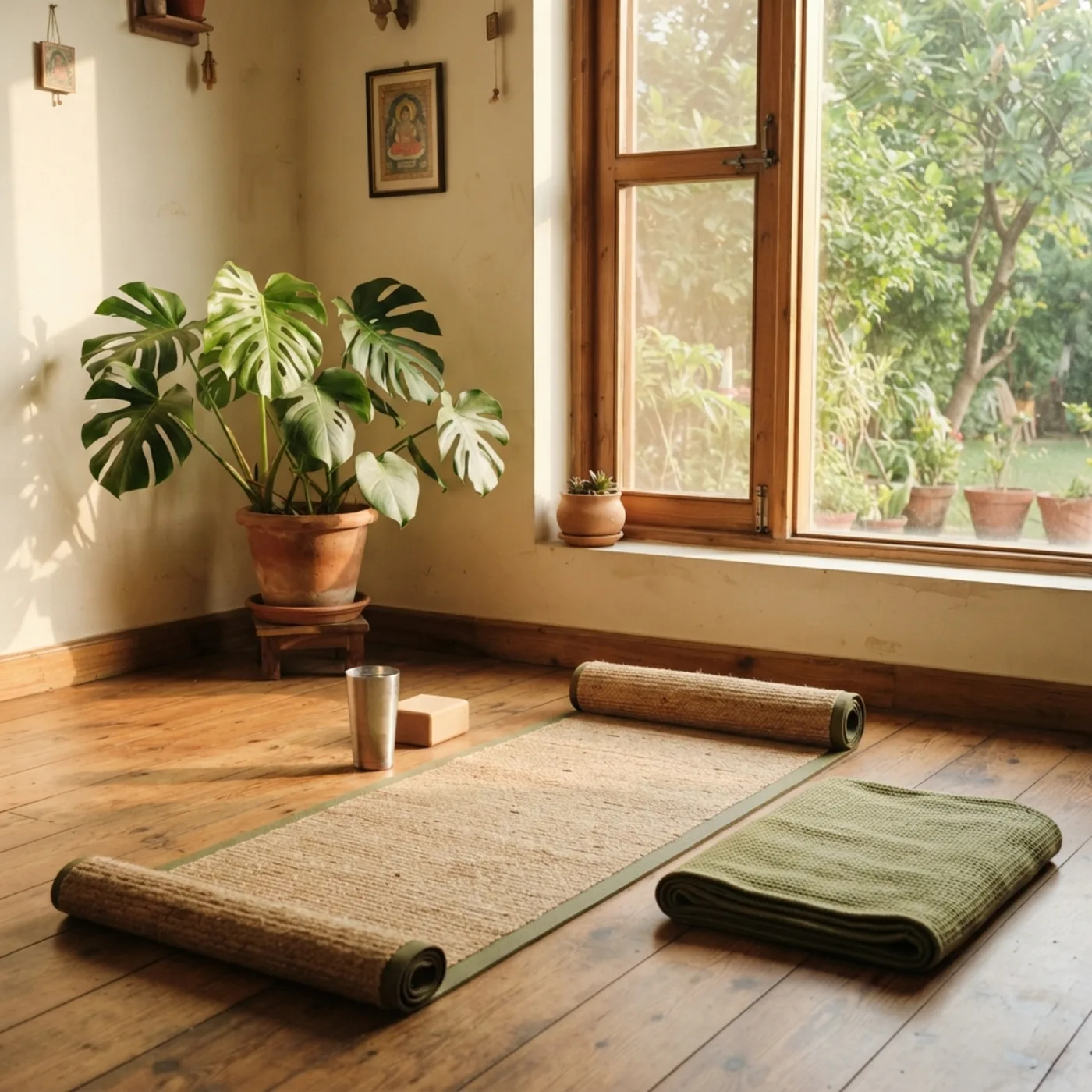 A yoga mat rolled out on a wooden floor by a sunlit window