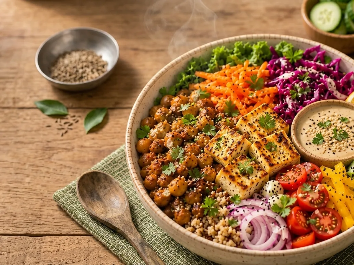 Chole + Paneer Rainbow Bowl with Sesame Dip