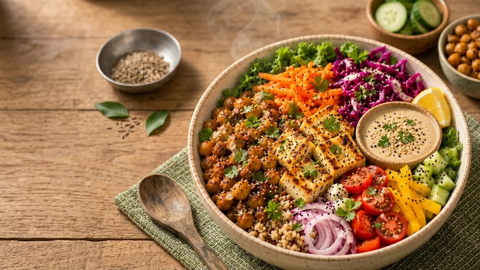 Chole + Paneer Rainbow Bowl with Sesame Dip