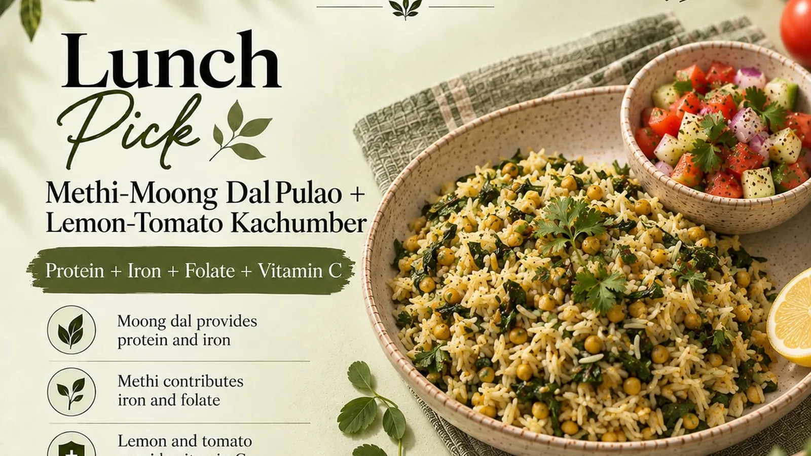 Methi-Moong Dal Pulao + Lemon-Tomato Kachumber