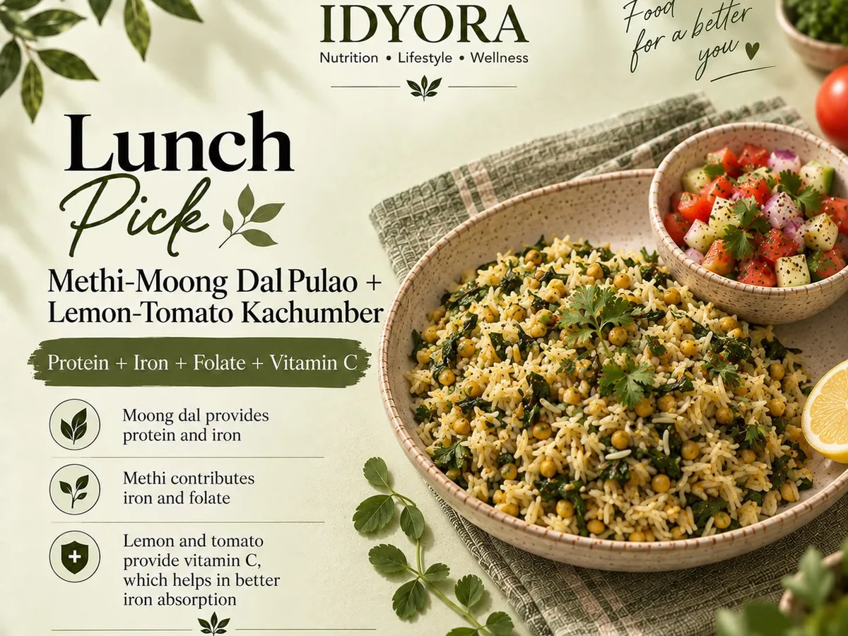 Methi-Moong Dal Pulao + Lemon-Tomato Kachumber