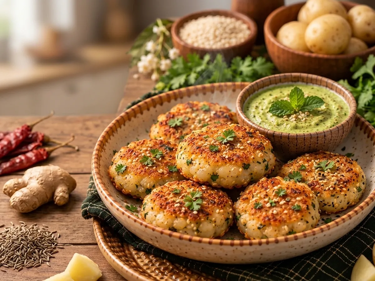 Potato-Sesame Tikki with Mint Chutney