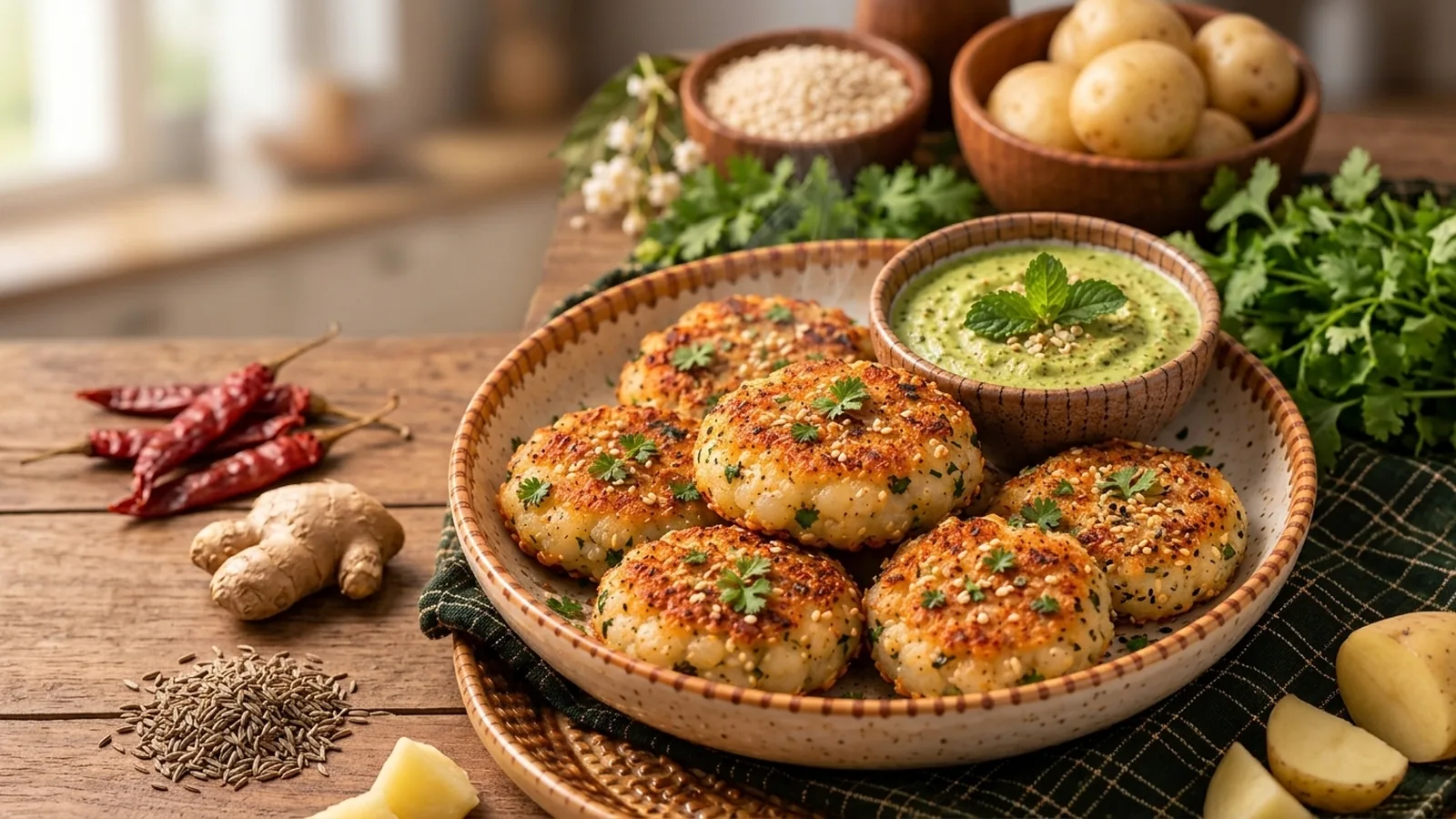 Potato-Sesame Tikki with Mint Chutney
