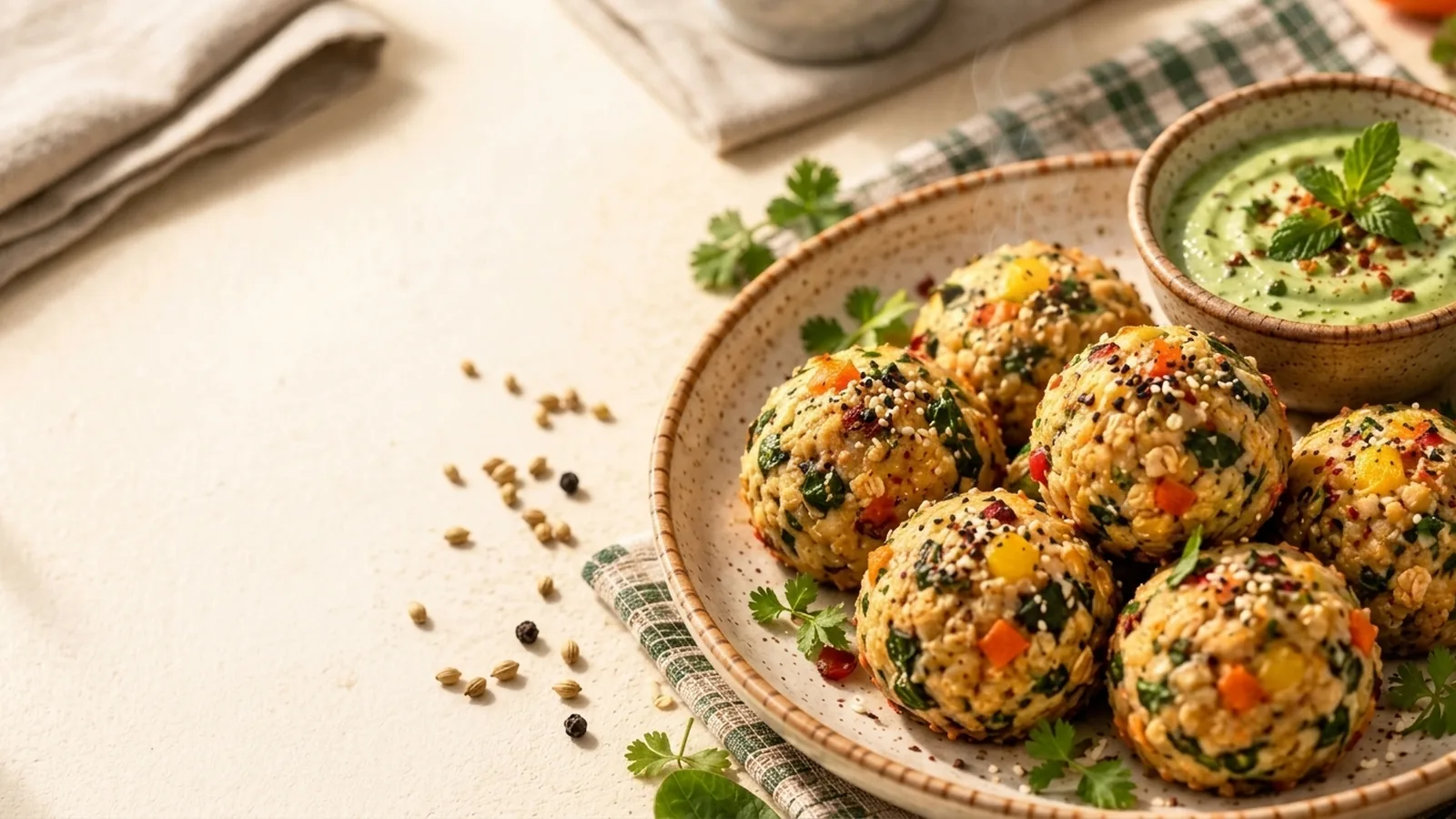 Steamed Oats-Veg Protein Balls with Mint Chutney