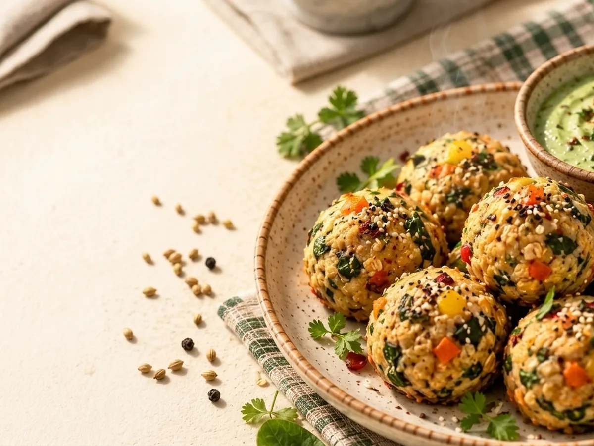 Steamed Oats-Veg Protein Balls with Mint Chutney